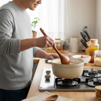 homme mélange soupe dans marmite avec louche 