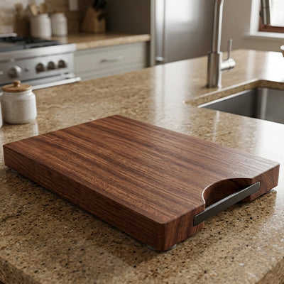 planche à découper bois sur comptoir granite beige