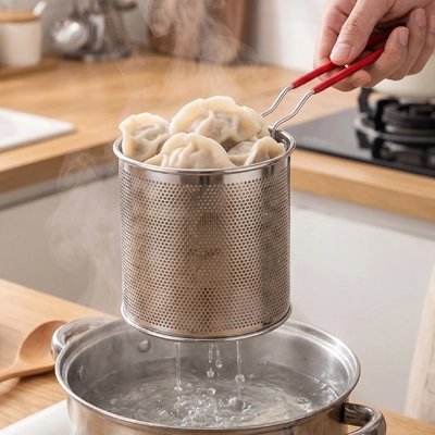 Passoire pleine de quenelles placée au-dessus d'une casserole d'eau bouillante