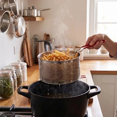 Passoire femme sort frites d'une casserole d'huile chaude