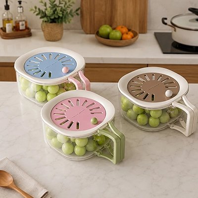 Passoire de trois couleurs sur comptoir cuisine