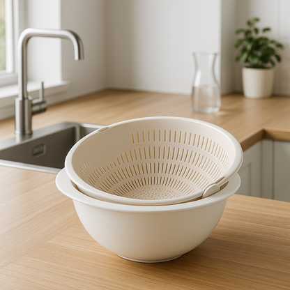 passoire-pivotante-beige-sur-contoir-cuisine-en-bois