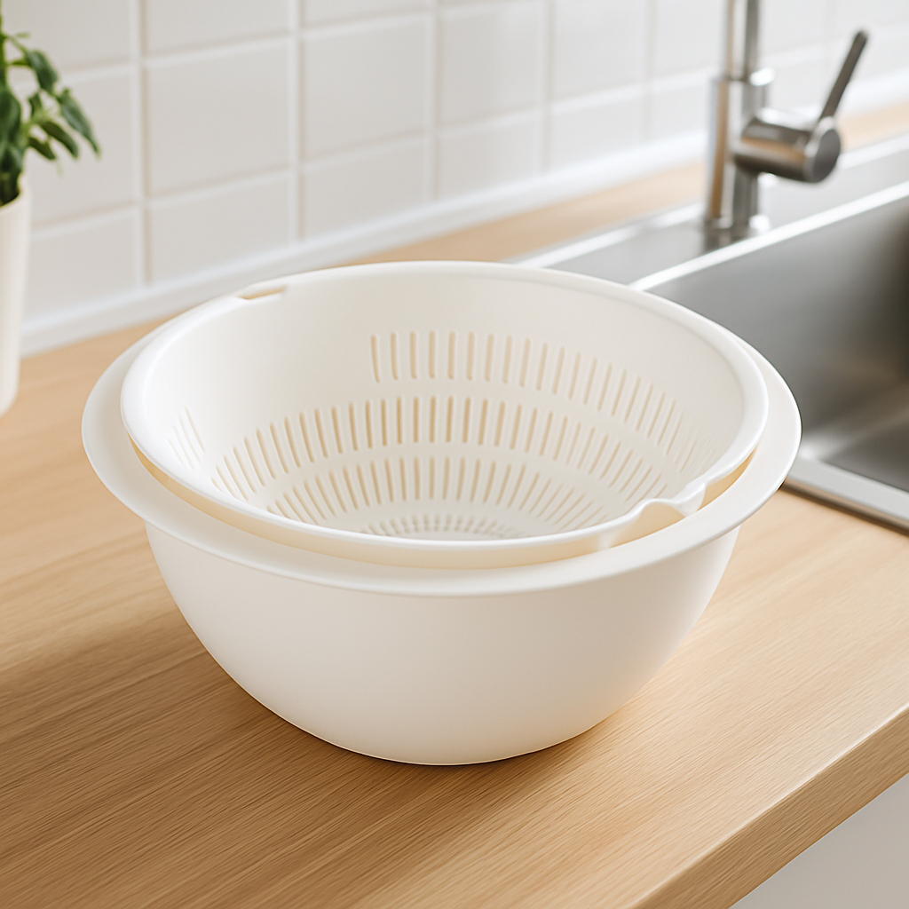 passoire-pivotante-blanche-sur-contoir-cuisine-en-bois
