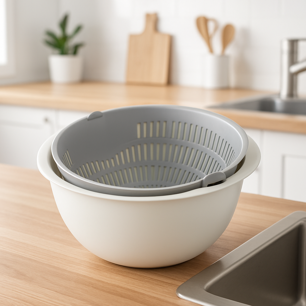 passoire-pivotante-grise-sur-contoir-cuisine-en-bois