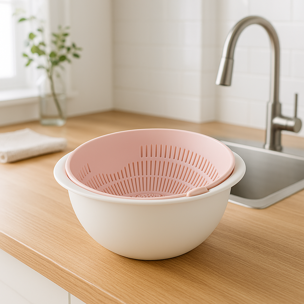 passoire-pivotante-rose-sur-contoir-cuisine-en-bois