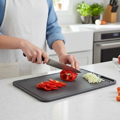 Planche a decouper grise  femme tranche poivron rouge