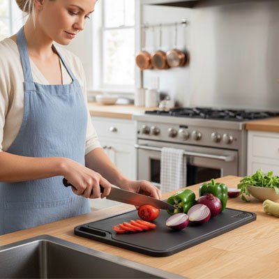 Planche a decouper grise  femme tranche tomate
