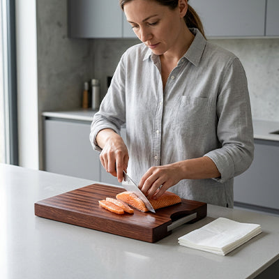 planche à découper bois femme coupe saumon