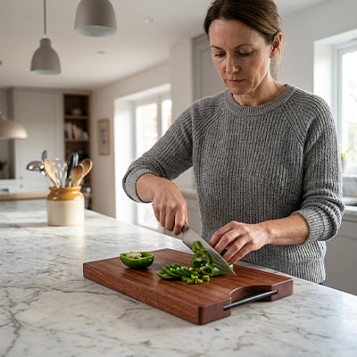 planche à découper bois femme tranche piments vert