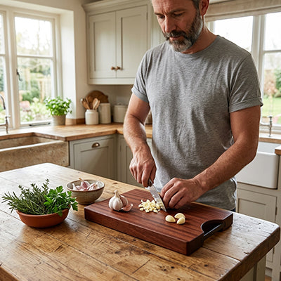 planche à découper bois homme coupe ail