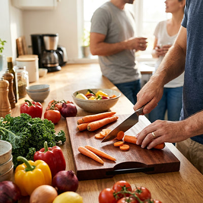 planche à découper bois homme coupe carrottes