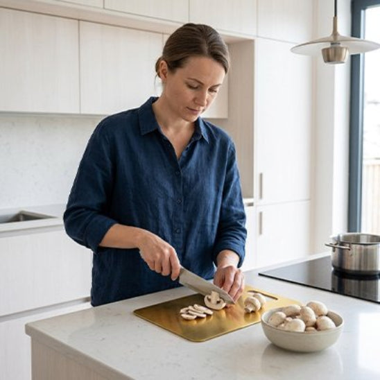 femme coupe champignons sur planche a decouper dorée