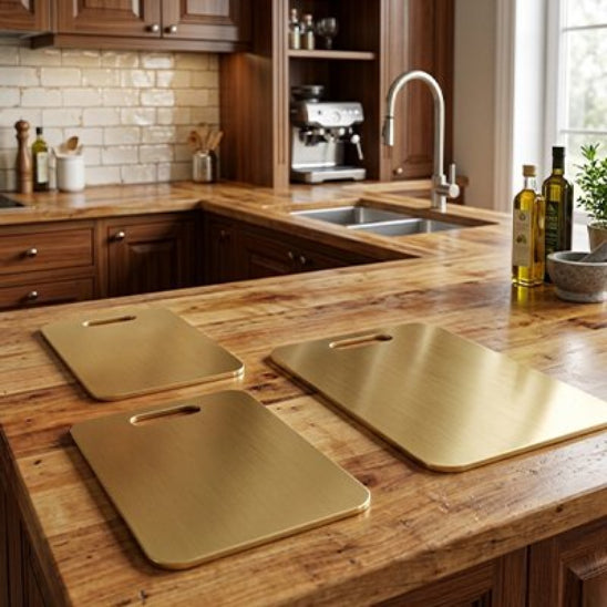 Planche a decouper trois formats sur comptoir cuisine bois