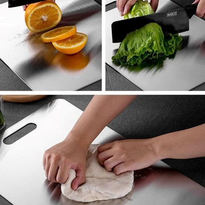 trois vignettes utilisations variés de planche à découper inox