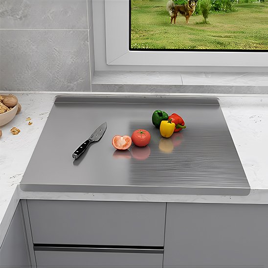 légumes et couteau sur planche à découper inoxidable sur comptoir devant fenêtre