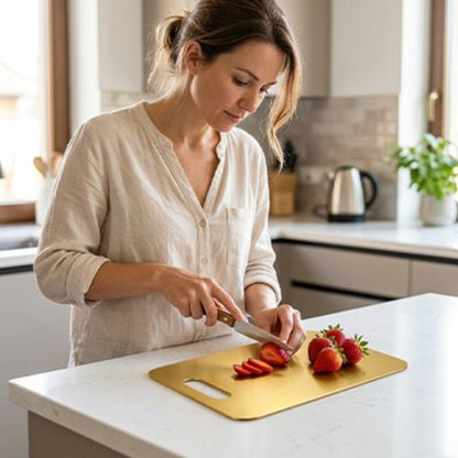 femme coupe fraises sur planche a decouper dorée