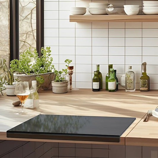 Planche à découper en acrylique noir sur comptoir cuisine bois naturel