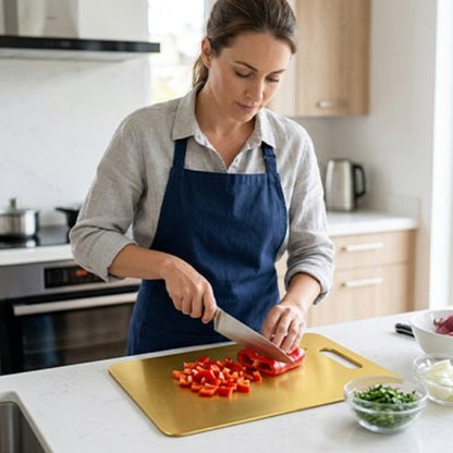 femme coupe poivrons rouges sur planche a decouper