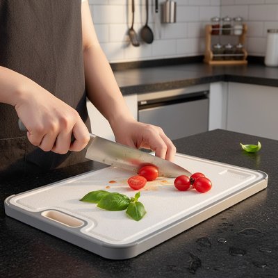 Planche a decouper femme coupe tomates