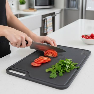 Planche a decouper grise femme tranche tomate