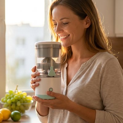 Presse Agrume Électrique femme souriante tient appareil