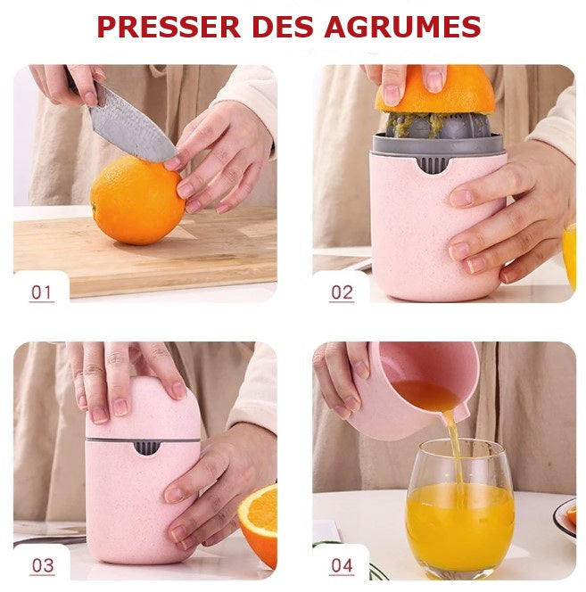 étapes presser jus orange utilisant presse agrume manual