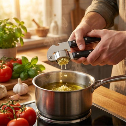 mains d'homme écrasent ail dans casserole de sauce  utilisant presse ail