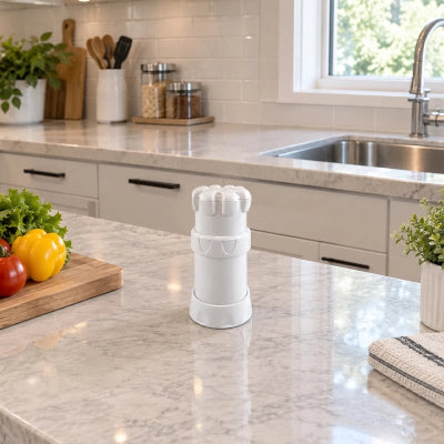 Presse ail compact sur comptoir cuisine marbré blanc
