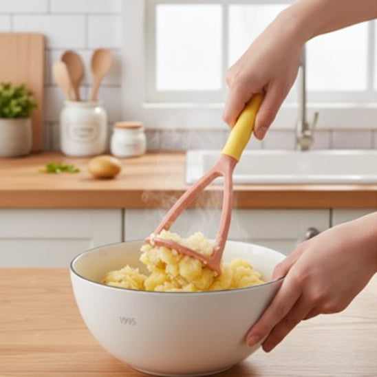 femme écrase pommes de terre dans grand bol blanc avec presse purée