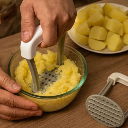 cuisinier pile pommes de terre dans petit bol en verre utilisant presse purée 
