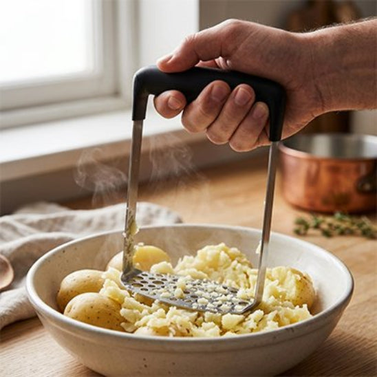 homme écrase pommes de terre dans bol peu profond avec presse purée manuel