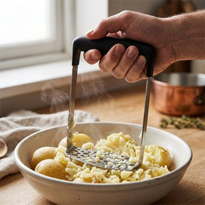 homme écrase pommes de terre dans bol peu profond avec presse purée manuel
