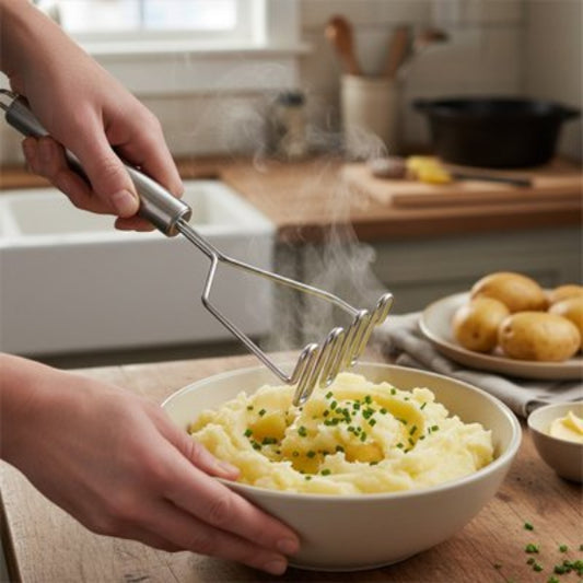 femme  tient presse purée ondulé au dessus de  boll de pommes de terre pilées