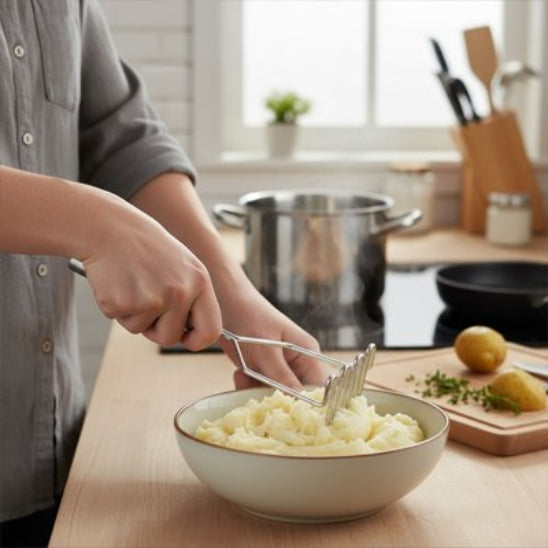 cuisinier écrase pommes de terre avec presse purée ondulé dans bol