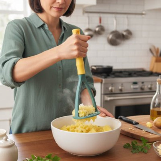 femme écrase pommes de terre dans grand bol blanc avec presse purée vert