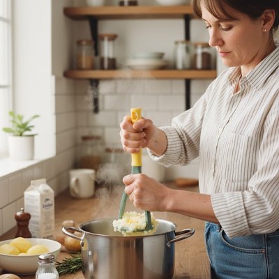 femme écrase pommes de terre dans marmite utilisant presse purée 