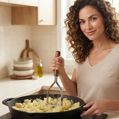 Presse-purée femme écrase pommes de terre dans casserole