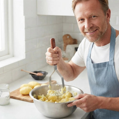 Presse-purée homme écrase pommes de terre dans cul de poule