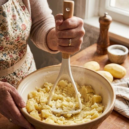 femme pile pommes de terre dans bol céramique utilisant presse-purée