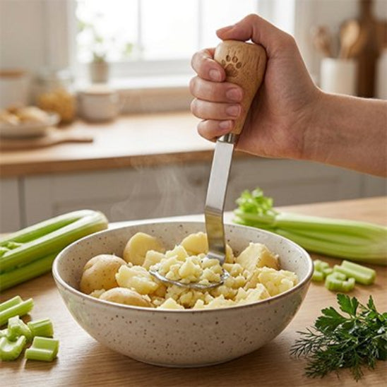 femme écrase pommes de terre dans bol céramique avec presse purée miniature