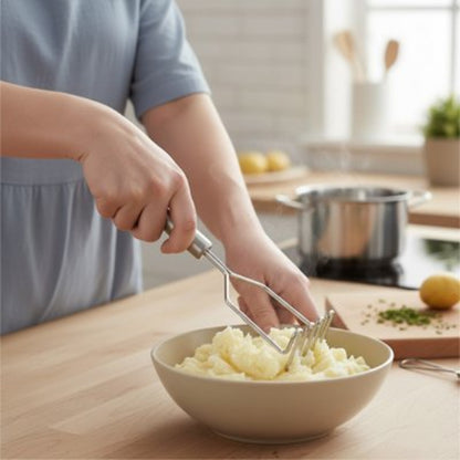 femme écrase pommes de terre avec presse purée ondulé dans bol