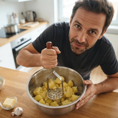 Presse-purée homme écrase pommes de terre dans cul de poule