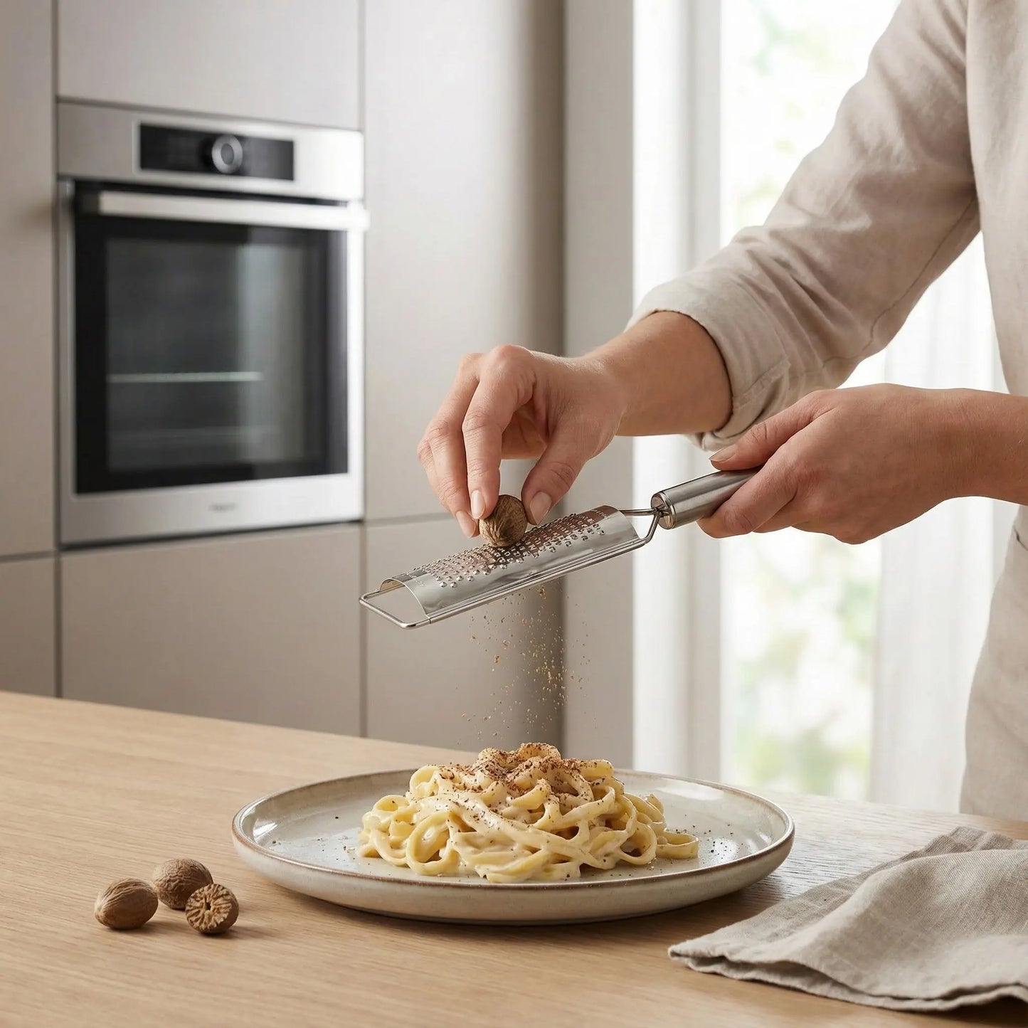 femme broyant noix de muscade avec râpe à fromage demi-ronde