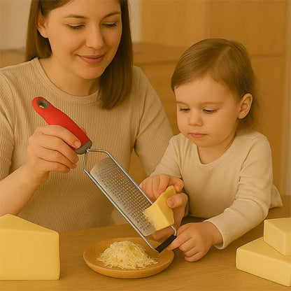 femme et petite fille râpent  fromage dans assiette avec râpe à fromage 