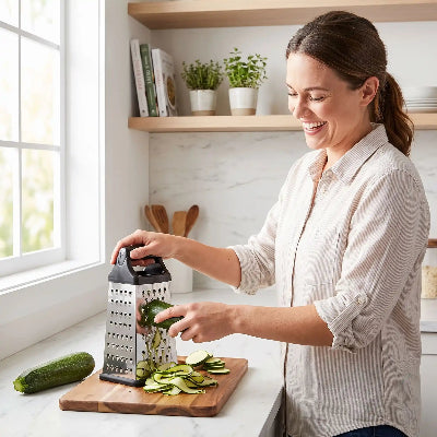 Râpe à légumes manuelle femme souriante râpe courgette
