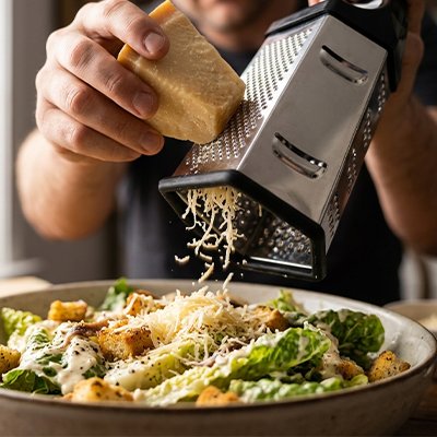 Râpe à légumes manuelle homme râpe parmesan sur salade
