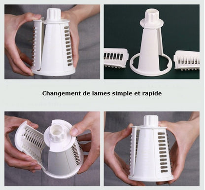 quatre vignettes montrant changement de lames de la râpe à légumes manuelle