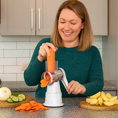 femme tranche carottes avec râpe à légumes manuelle 