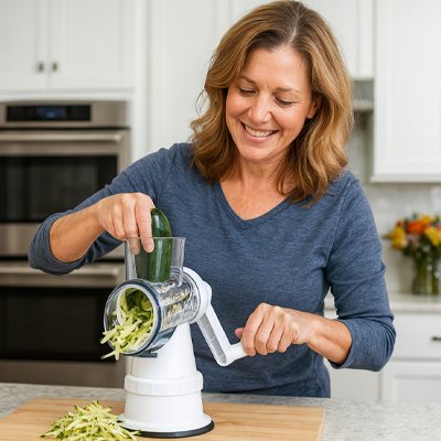 femme julienne courgette avec râpe à légumes manuelle 