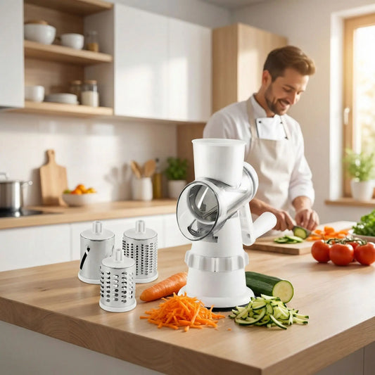 râpe à légumes manuelle avec trois tambours interchangeables sur comptoir cuisine